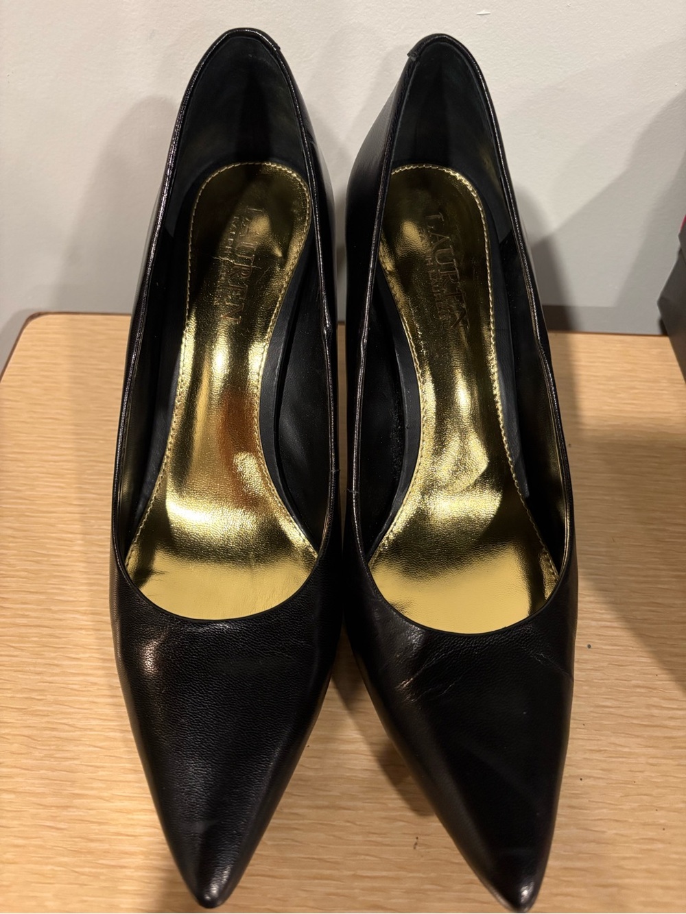 Lauren Ralph Lauren Black Pointed Toe Pumps with Gold Insole